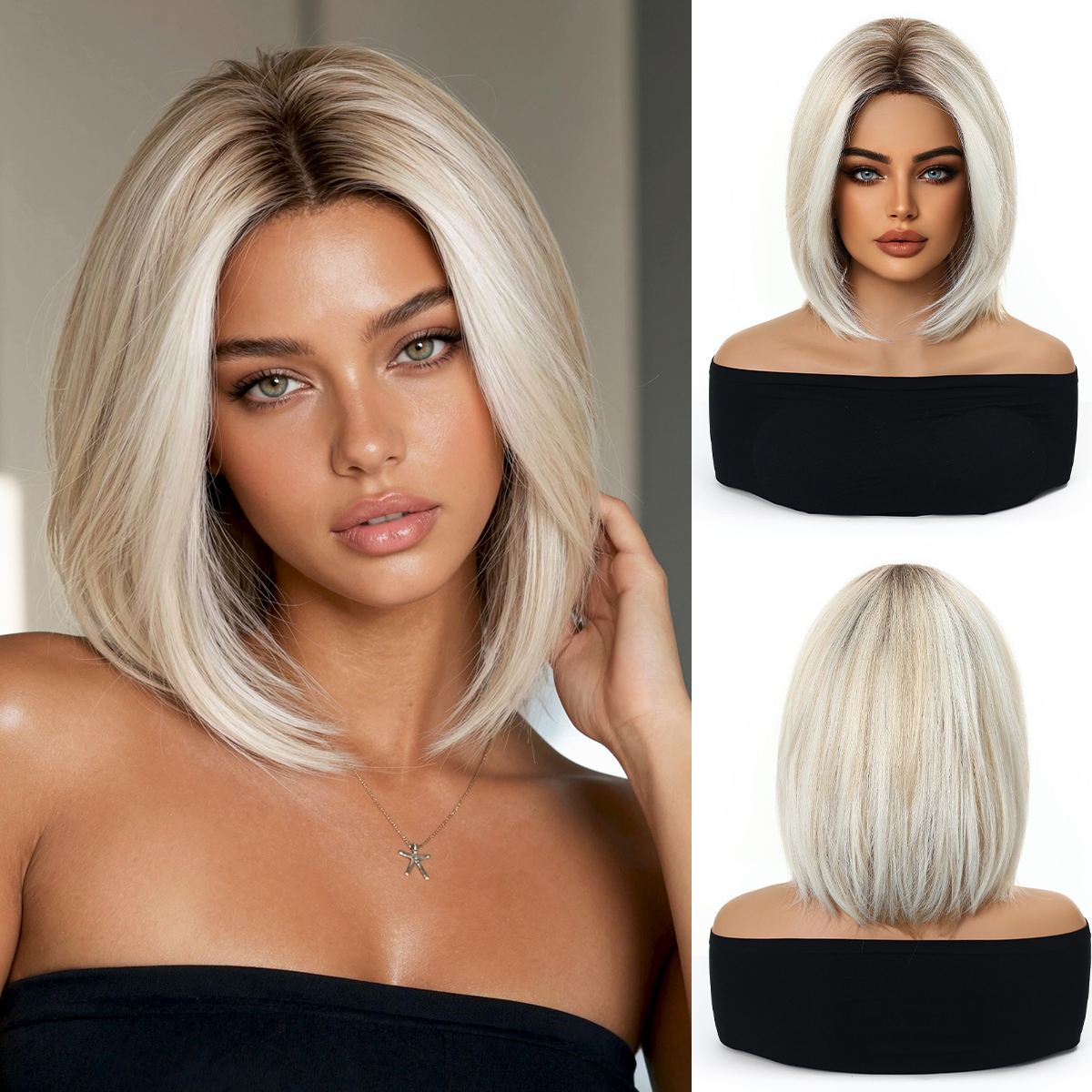 Dark Root Platinum Blonde Shor - Wig Fiber Net のレビューと価格